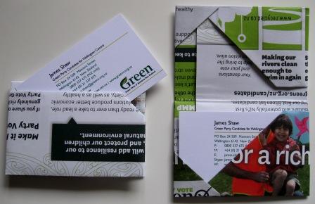 Origami business card holders made from expired election flyers.